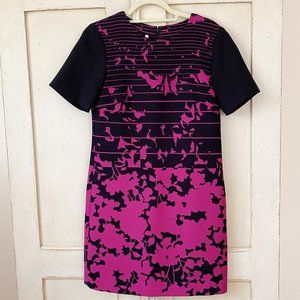 Short-Sleeve Striped & Floral Print Dress, Plum